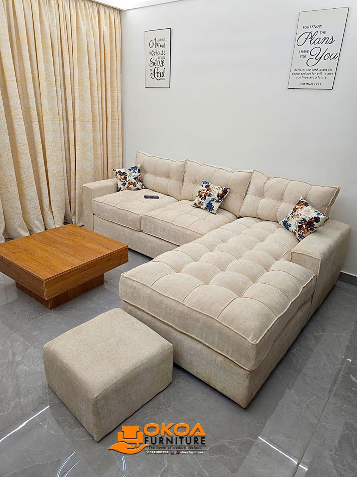 Cream Tufted L-Shape Sofa (with USB Port)